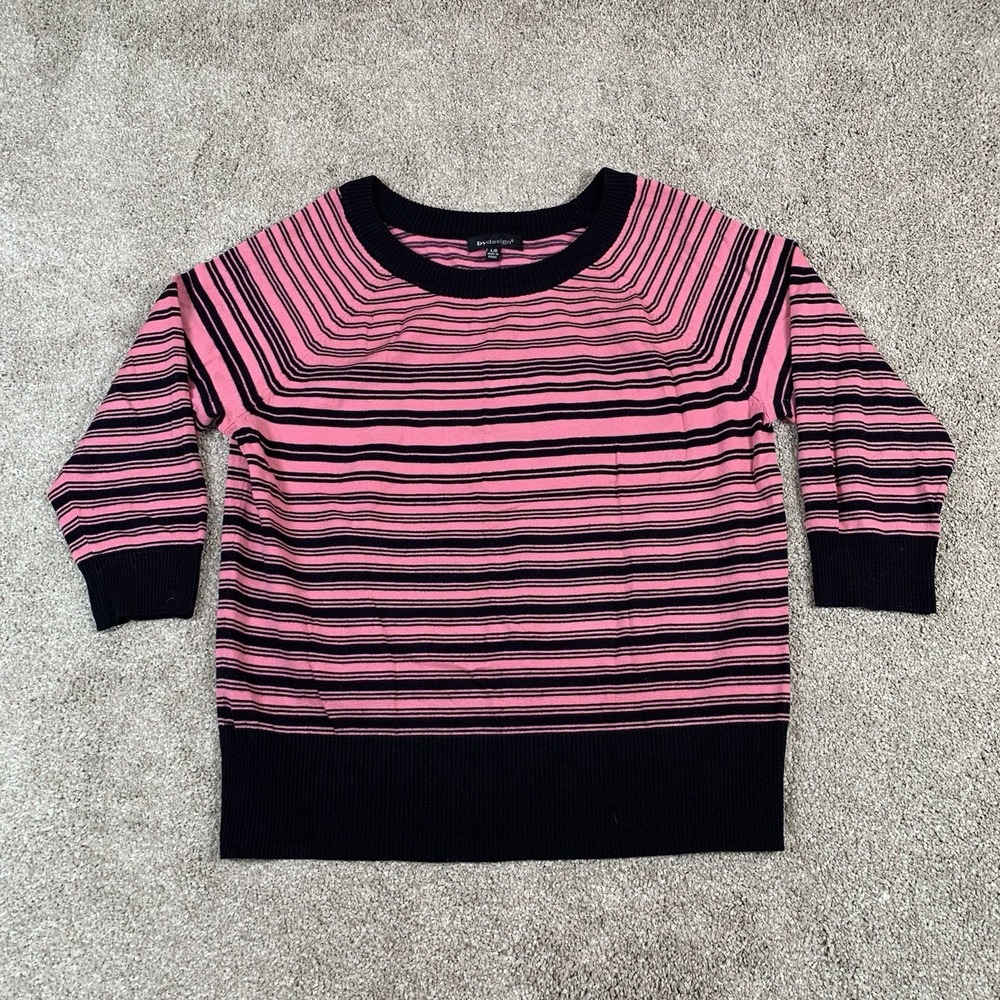 ByDesign Women's Short‎ Sleeve Lightweight Sweater Top Pink Black Stripes LARGE